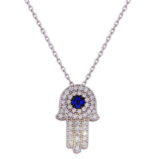 Silver 925 Rhodium Plated CZ Hamsa Necklace - GMN00004 | Silver Palace Inc.