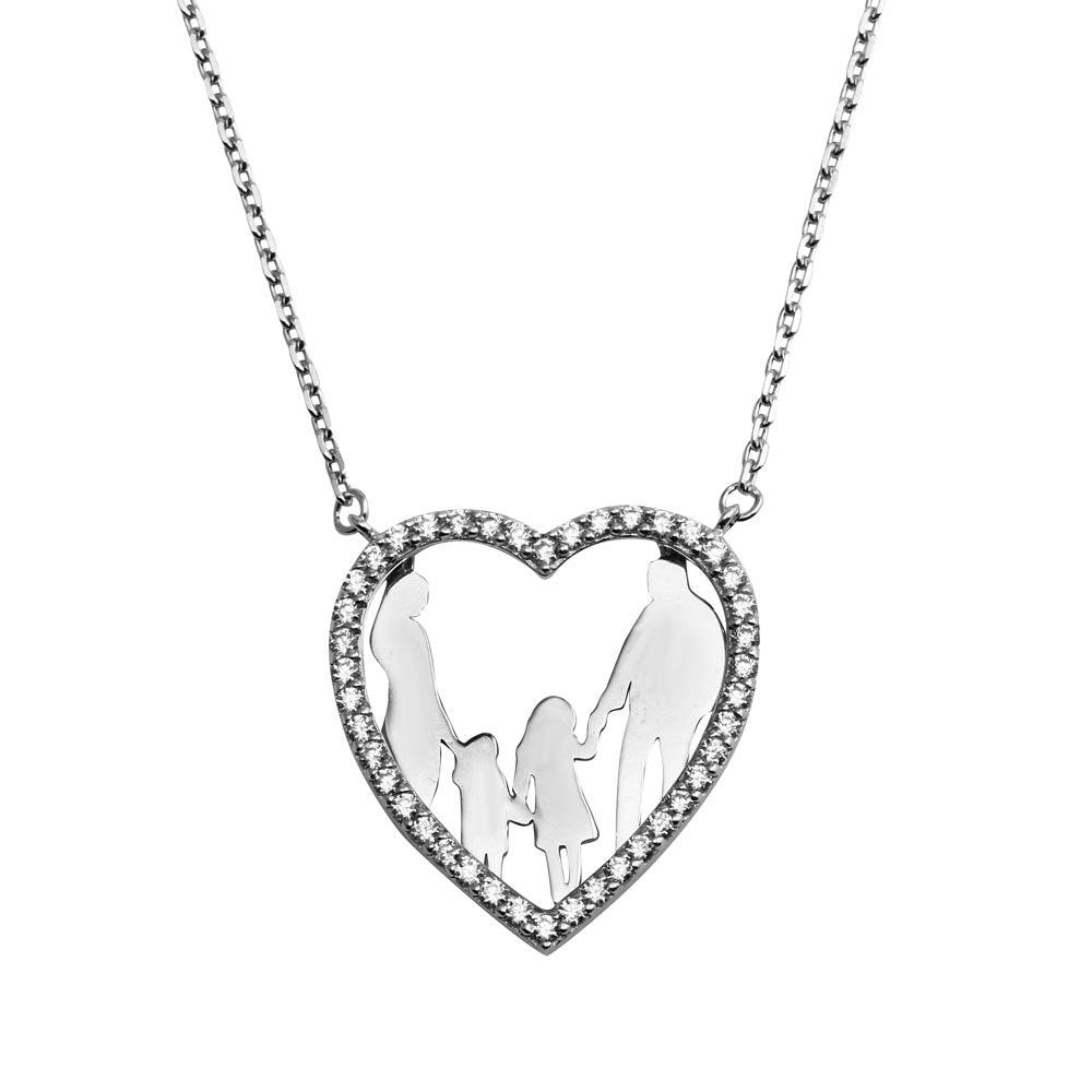 Silver 925 Rhodium Plated Open CZ Heart Mom, Dad, Baby Boy And Girl Family Necklace - GMN00042 | Silver Palace Inc.