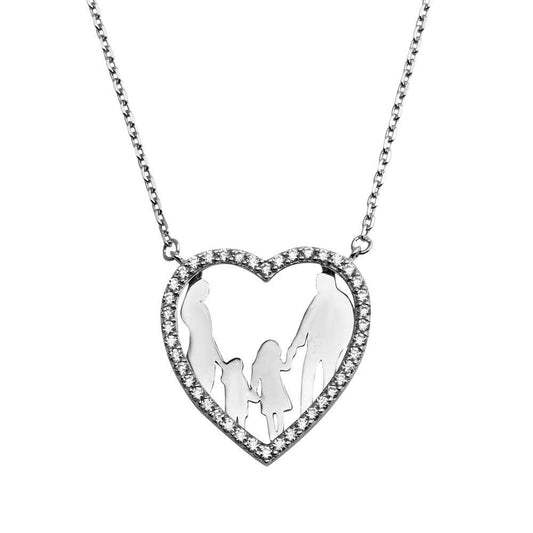 Silver 925 Rhodium Plated Open CZ Heart Mom, Dad, Baby Boy And Girl Family Necklace - GMN00042 | Silver Palace Inc.