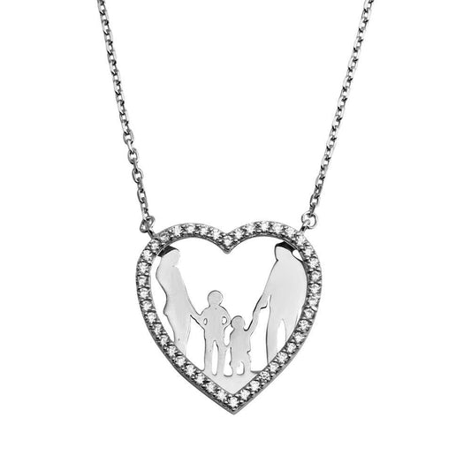 Silver 925 Rhodium Plated Open CZ Heart Mom, Dad And 2 Baby Boys Family Necklace - GMN00046 | Silver Palace Inc.