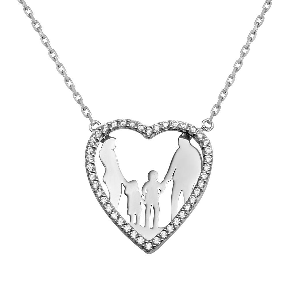 Silver 925 Rhodium Plated Open CZ Heart Mom, Dad And Baby Boy And Girl Family Necklace - GMN00048 | Silver Palace Inc.