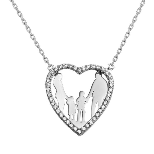 Silver 925 Rhodium Plated Open CZ Heart Mom, Dad And Baby Boy And Girl Family Necklace - GMN00048 | Silver Palace Inc.