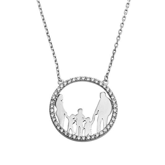Silver 925 Rhodium Plated Open CZ Circle Mom, Dad And All Boys Family Necklace - GMN00052 | Silver Palace Inc.