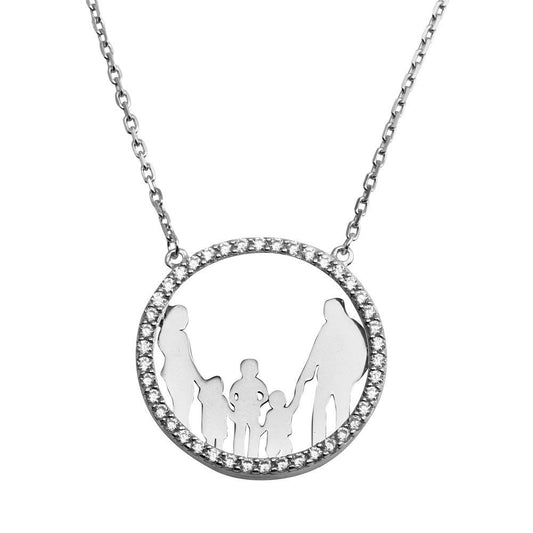 Silver 925 Rhodium Plated Open CZ Circle Mom, Dad And A Boys, 2 Girls Family Necklace - GMN00053 | Silver Palace Inc.