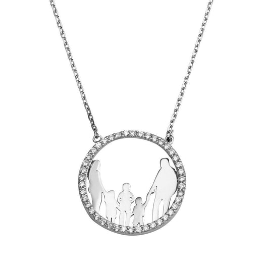 Silver 925 Rhodium Plated Open CZ Circle Mom, Dad And All Girls Family Necklace - GMN00054 | Silver Palace Inc.