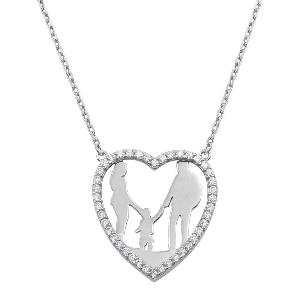 Silver 925 Rhodium Plated Mom, Dad, and Son Open Heart Family Necklace - GMN00070 | Silver Palace Inc.