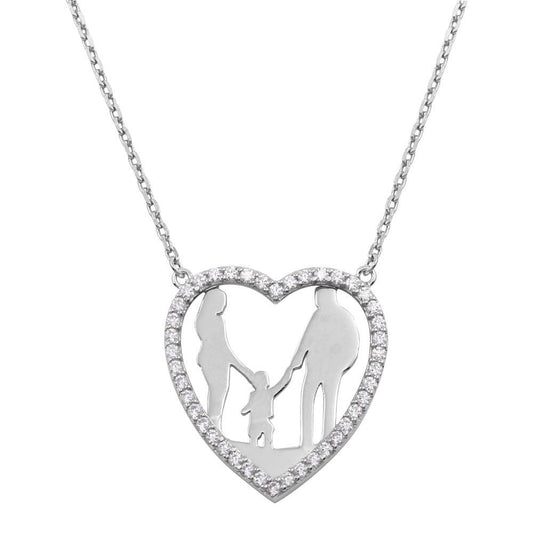 Silver 925 Rhodium Plated Mom, Dad, and Son Open Heart Family Necklace - GMN00070 | Silver Palace Inc.