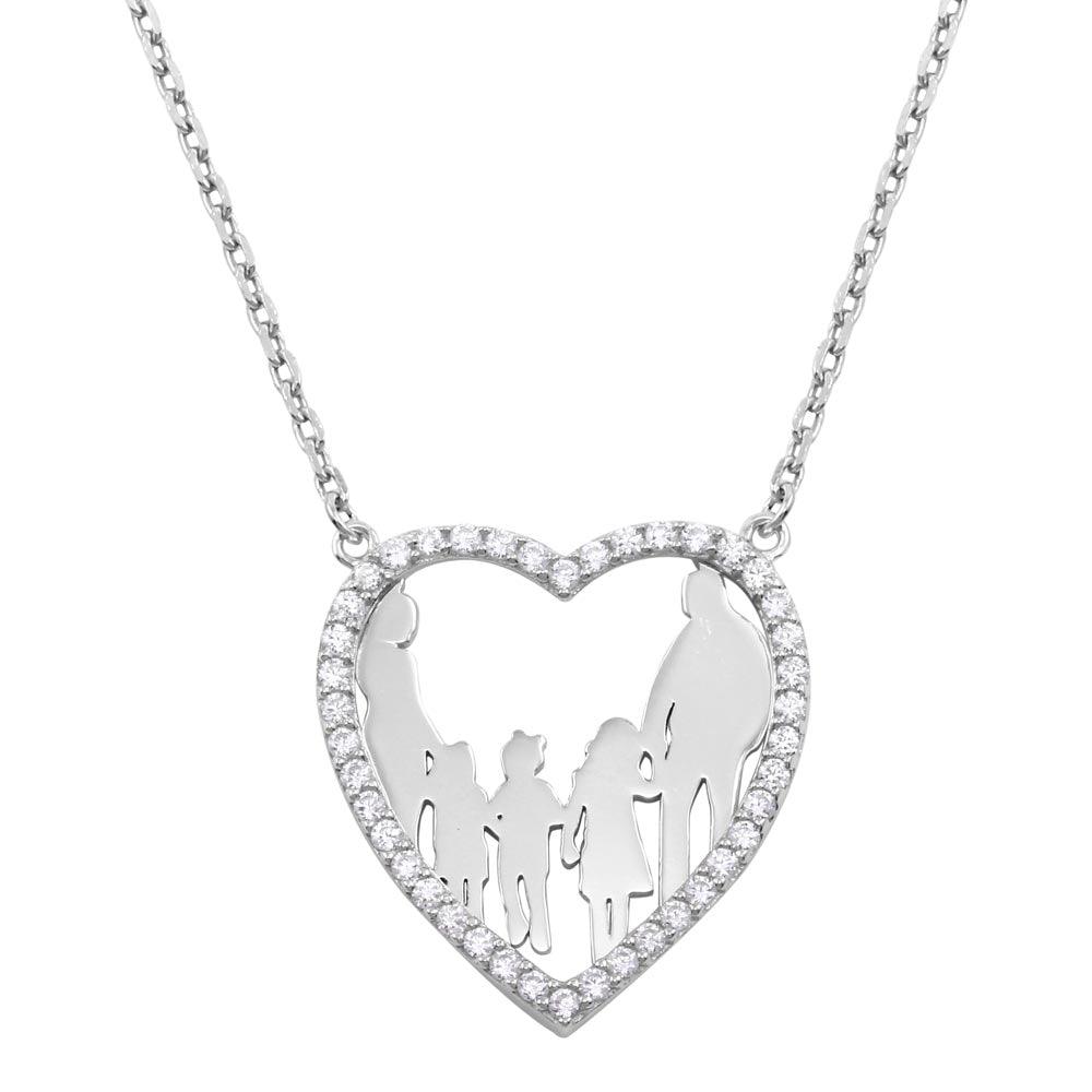 Silver 925 Rhodium Plated Mom, Dad, and 3 Daughters Open Heart Family Necklace with CZ - GMN00071 | Silver Palace Inc.