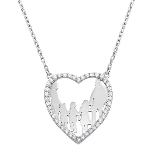 Silver 925 Rhodium Plated Mom, Dad, and 3 Daughters Open Heart Family Necklace with CZ - GMN00071 | Silver Palace Inc.
