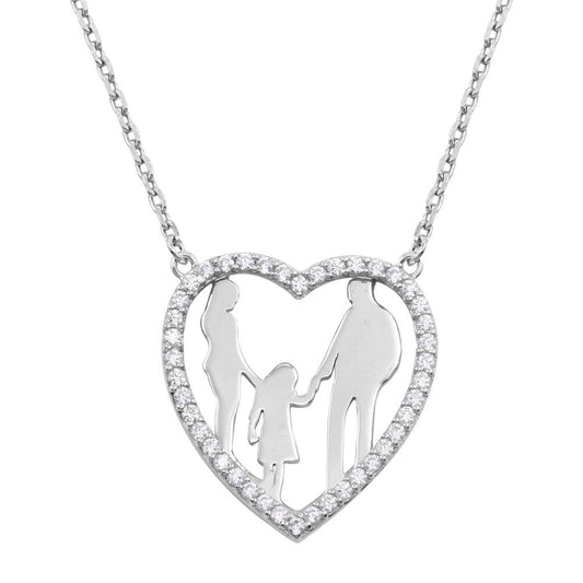 Silver 925 Rhodium Plated Mom, Dad, and Daughter Open Heart Family Necklace with CZ - GMN00072 | Silver Palace Inc.