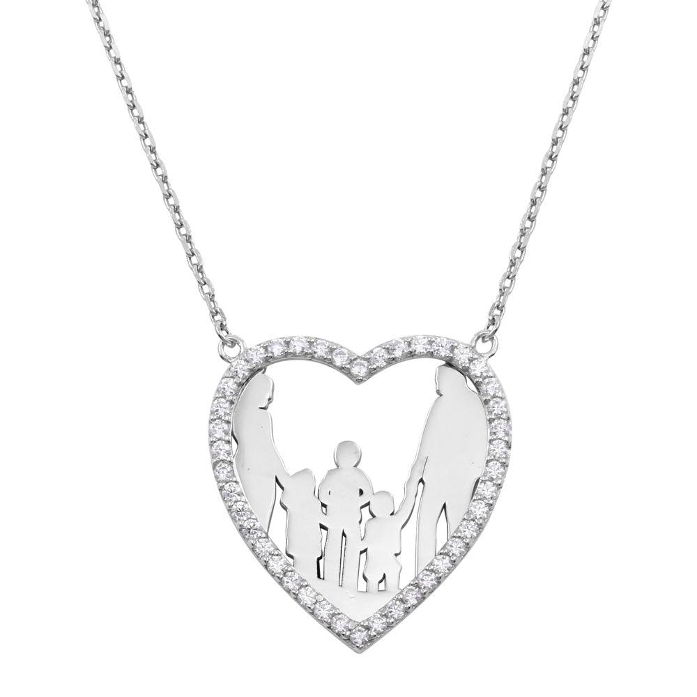 Silver 925 Rhodium Plated Mom, Dad, 2 Sons, and Daughter Open Heart Family Necklace with CZ - GMN00073 | Silver Palace Inc.