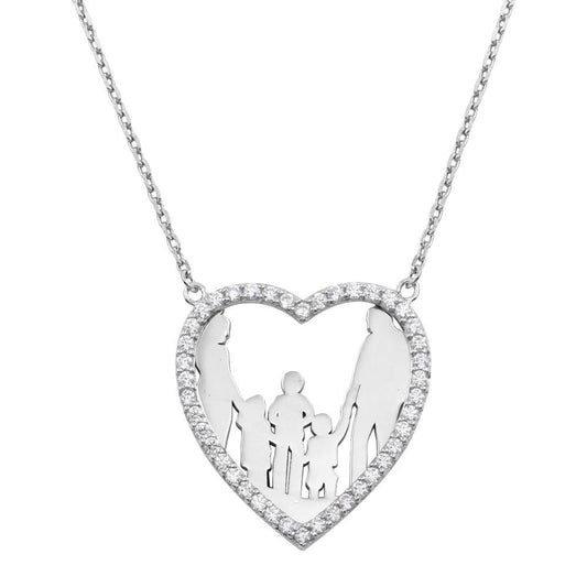 Silver 925 Rhodium Plated Mom, Dad, 2 Sons, and Daughter Open Heart Family Necklace with CZ - GMN00073 | Silver Palace Inc.