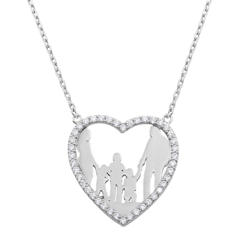 Silver 925 Rhodium Plated Mom, Dad, and 3 Sons Open Heart Family Necklace with CZ - GMN00074 | Silver Palace Inc.