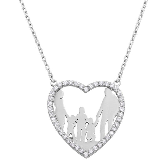 Silver 925 Rhodium Plated Mom, Dad, and 3 Sons Open Heart Family Necklace with CZ - GMN00074 | Silver Palace Inc.