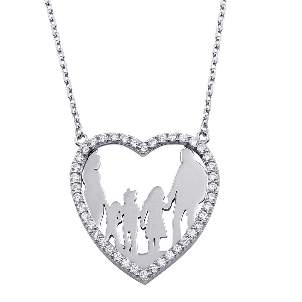 Silver 925 Rhodium Plated Open Heart Mom, Dad, 2 Daughters, and Son Family Necklace with CZ - GMN00075 | Silver Palace Inc.