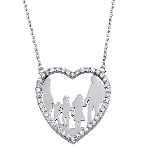 Silver 925 Rhodium Plated Open Heart Mom, Dad, 2 Daughters, and Son Family Necklace with CZ - GMN00075 | Silver Palace Inc.