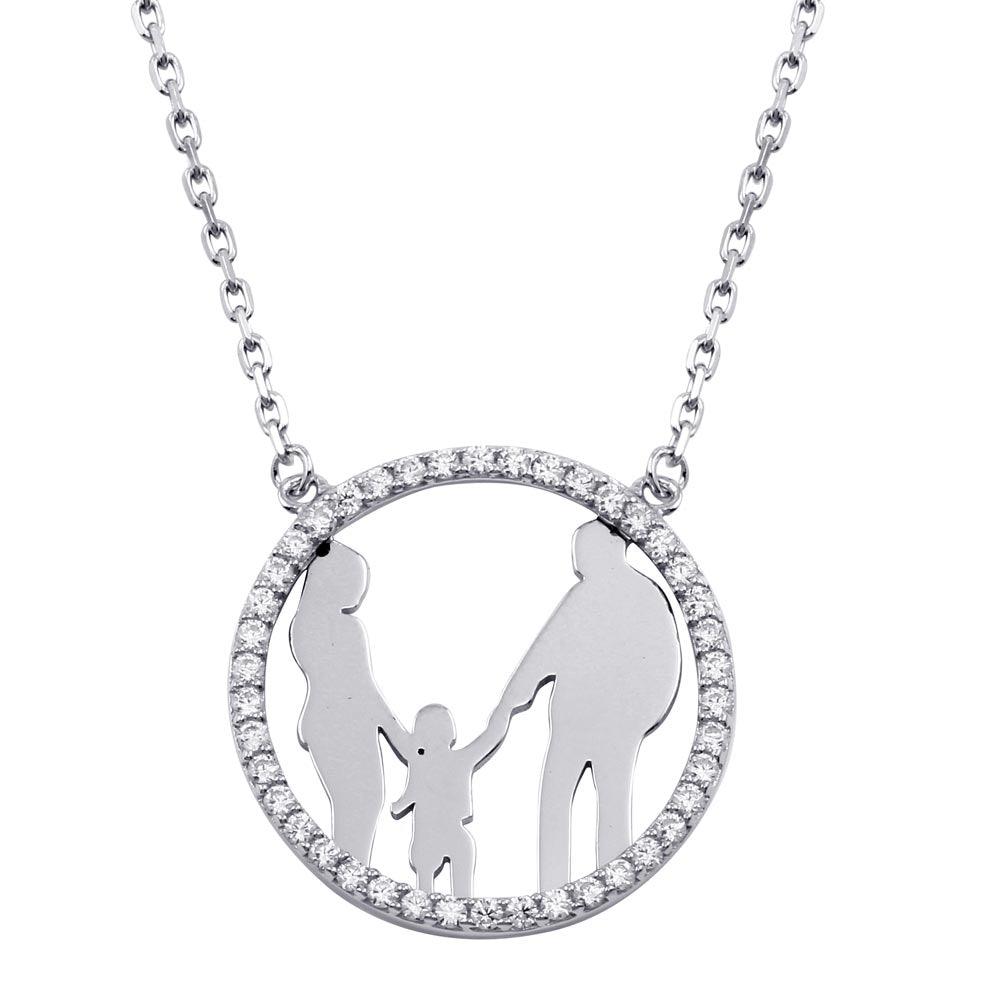 Silver 925 Rhodium Plated Mom, Dad, and Son Round Family Pendant with CZ - GMN00076 | Silver Palace Inc.