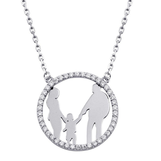 Silver 925 Rhodium Plated Mom, Dad, and Son Round Family Pendant with CZ - GMN00076 | Silver Palace Inc.