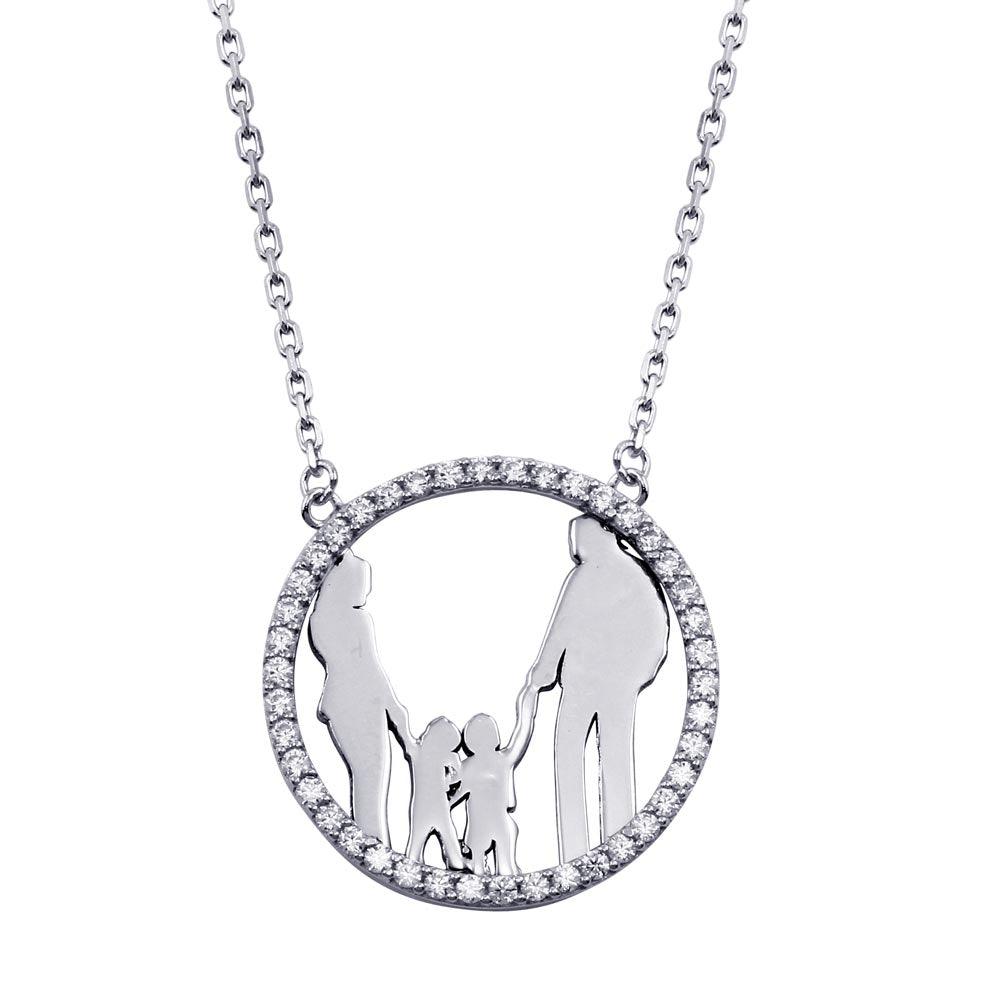 Silver 925 Rhodium Plated Open CZ Heart Mom, Dad, and 2 Sons Heart Family Necklace with CZ - GMN00075 | Silver Palace Inc.