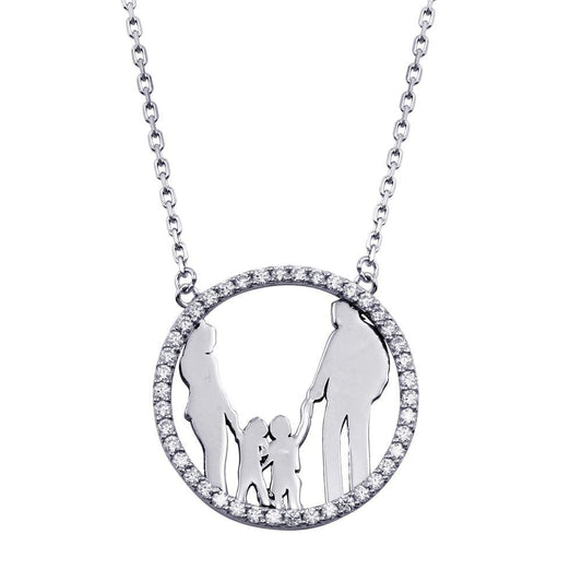Silver 925 Rhodium Plated Open CZ Heart Mom, Dad, and 2 Sons Heart Family Necklace with CZ - GMN00075 | Silver Palace Inc.