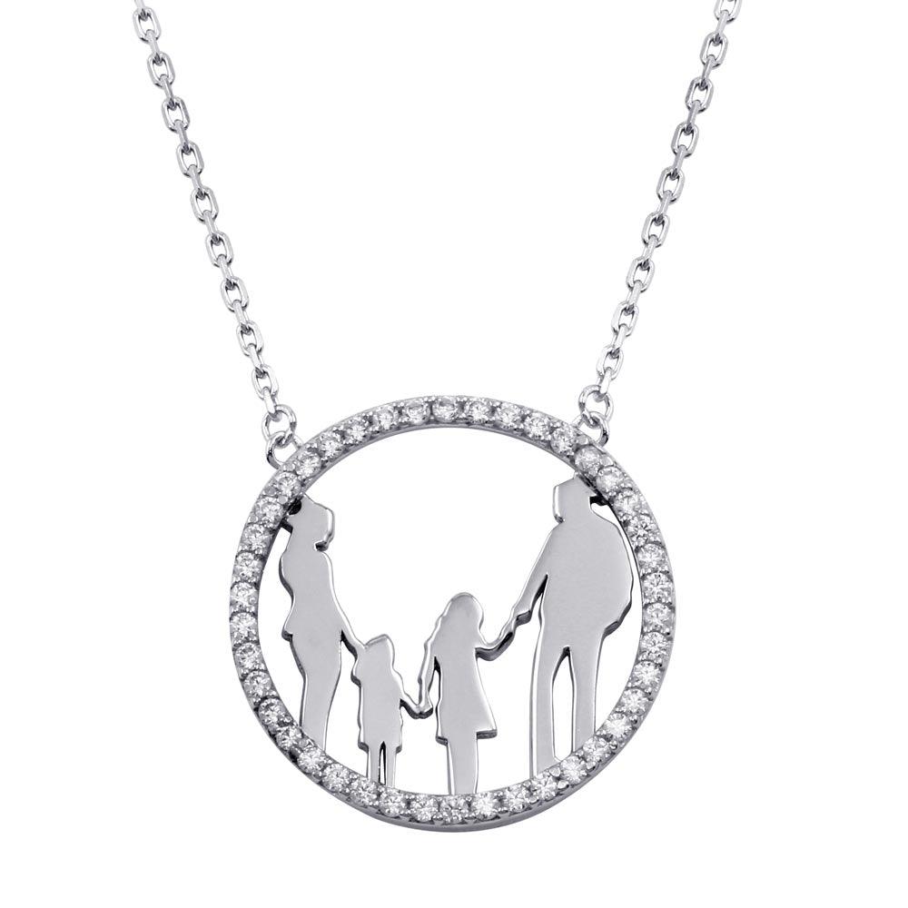 Silver 925 Rhodium Plated Mom, Dad, and 2 Daughters Round Family Pendant with CZ - GMN00078 | Silver Palace Inc.