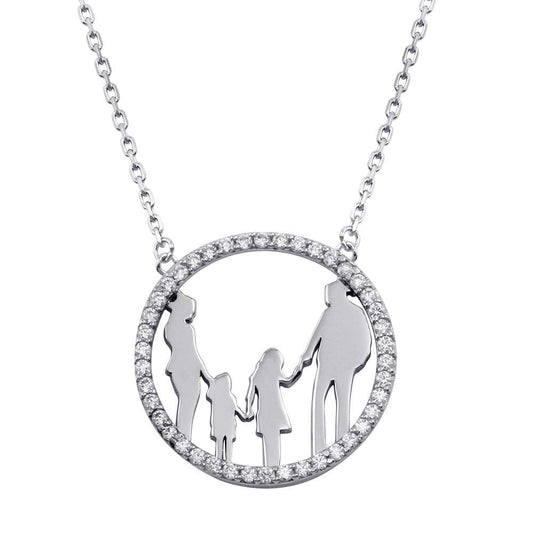 Silver 925 Rhodium Plated Mom, Dad, and 2 Daughters Round Family Pendant with CZ - GMN00078 | Silver Palace Inc.