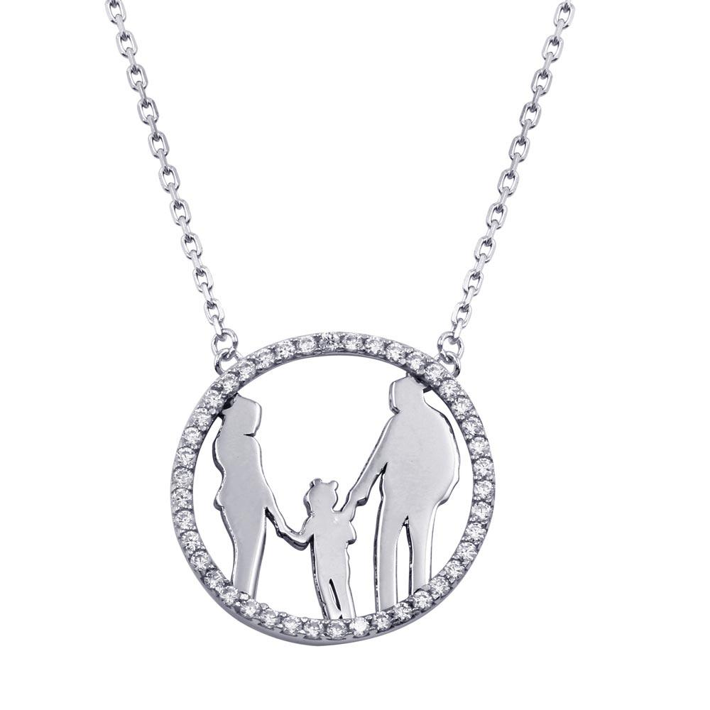 Silver 925 Rhodium Plated Mom, Dad, and Daughter Round Family Pendant with CZ - GMN00079 | Silver Palace Inc.
