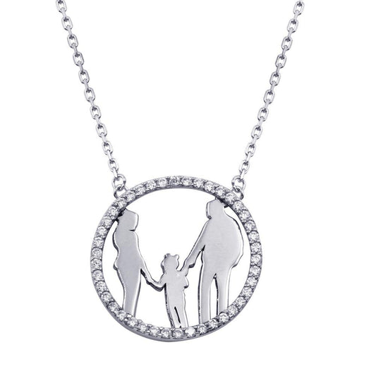 Silver 925 Rhodium Plated Mom, Dad, and Daughter Round Family Pendant with CZ - GMN00079 | Silver Palace Inc.