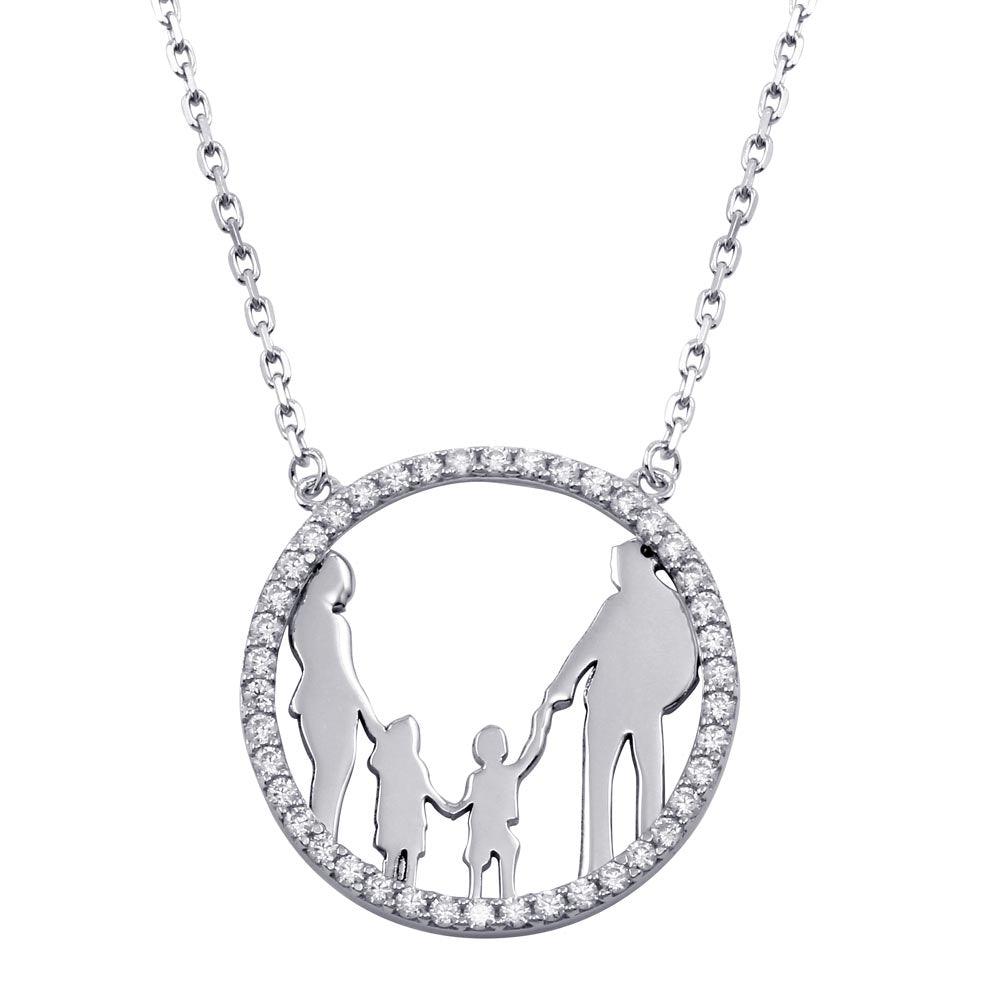 Silver 925 Rhodium Plated Mom, Dad, Son, and Daughter Round Family Pendant with CZ - GMN00080 | Silver Palace Inc.