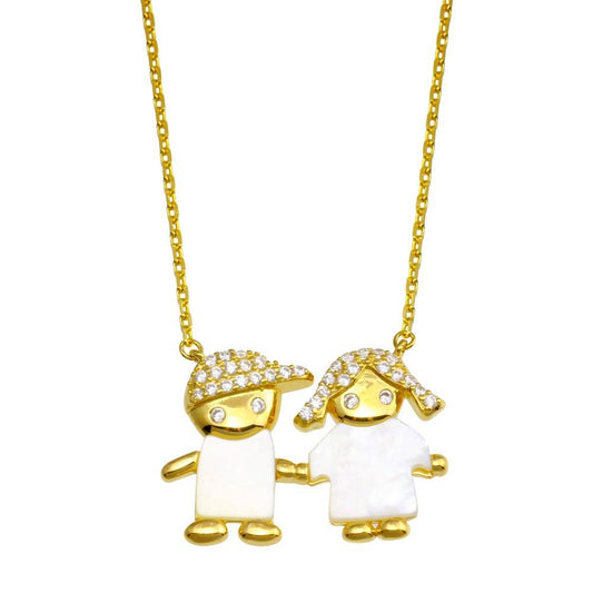 Silver 925 Gold Plated CZ Boy and Girl Necklace - GMN00129GP | Silver Palace Inc.