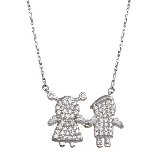Silver 925 Rhodium Plated CZ Brother and Sister Family Necklace - GMN00145 | Silver Palace Inc.