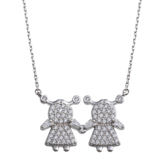 Silver 925 Rhodium Plated CZ 2 Girls Family Necklace - GMN00146 | Silver Palace Inc.
