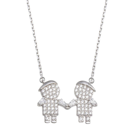 Silver 925 Rhodium Plated CZ 2 Boys Family Necklace - GMN00147 | Silver Palace Inc.