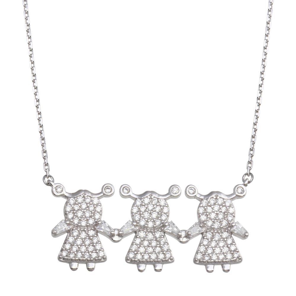 Silver 925 Rhodium Plated CZ 3 Girls Family Necklace - GMN00148 | Silver Palace Inc.