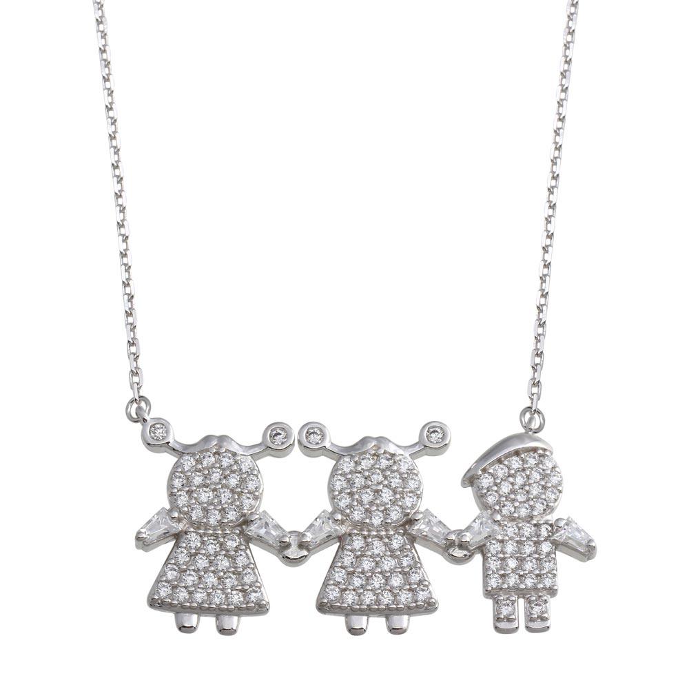 Silver 925 Rhodium Plated CZ 2 Girls 1 Boys Family Necklace - GMN00150 | Silver Palace Inc.