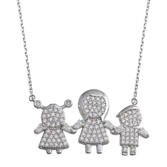 Silver 925 Rhodium Plated CZ 1 Girls 1 Boys and Mom Family Necklace - GMN00151 | Silver Palace Inc.