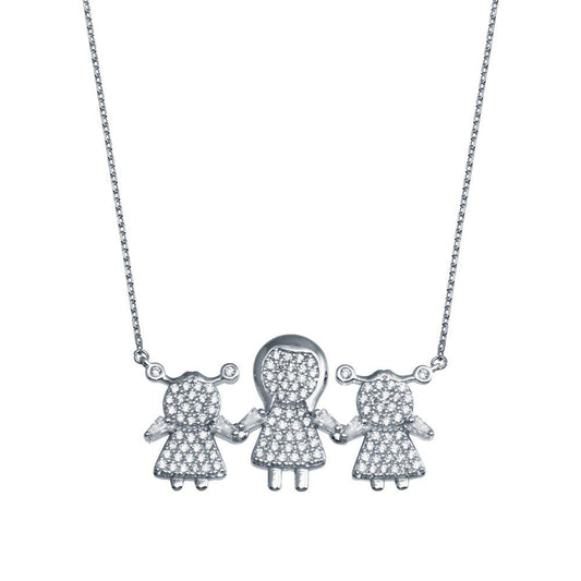 Silver 925 Rhodium Plated CZ 2 Girls and Mom Family Necklace - GMN00152 | Silver Palace Inc.