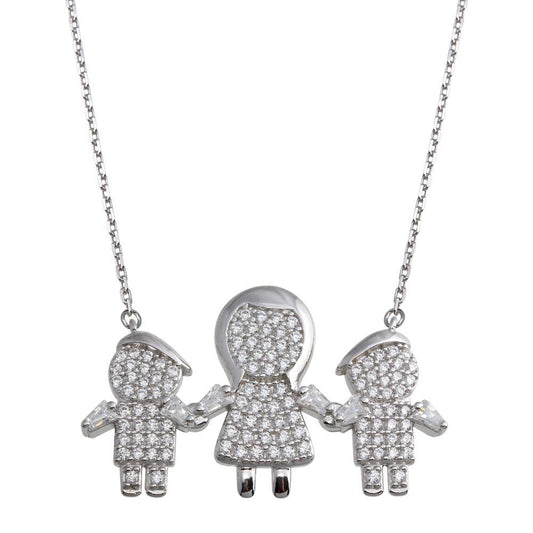 Silver 925 Rhodium Plated CZ 2 Boys and Mom Family Necklace - GMN00153 | Silver Palace Inc.