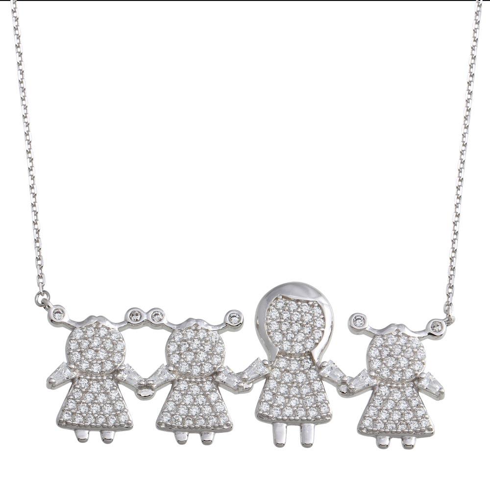 Silver 925 Rhodium Plated CZ 3 Girls and Mom Family Necklace - GMN00154 | Silver Palace Inc.