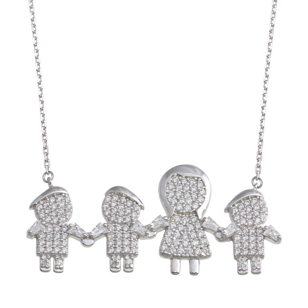 Silver 925 Rhodium Plated CZ 3 Boys and Mom Family Necklace - GMN00155 | Silver Palace Inc.