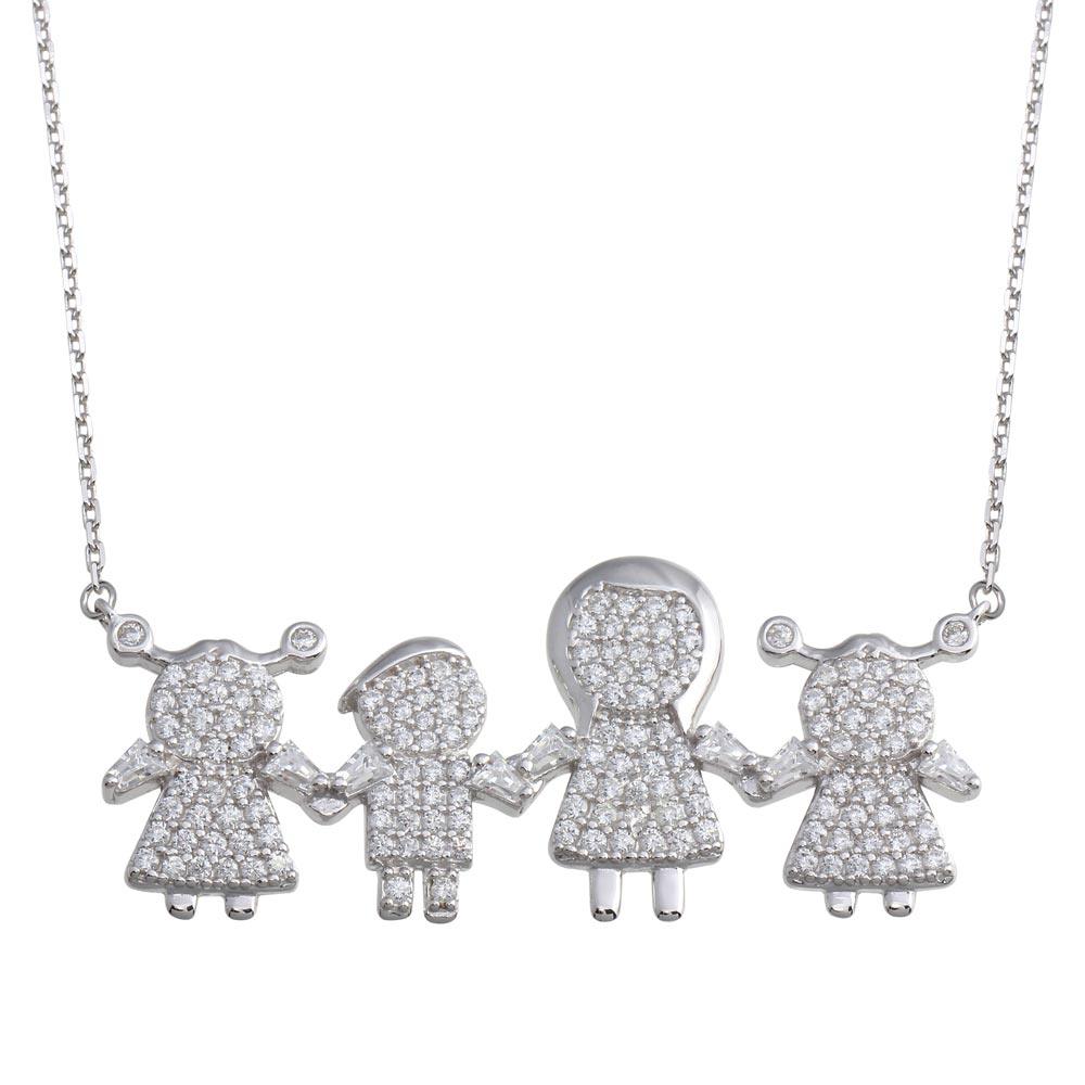 Silver 925 Rhodium Plated CZ 1 Boy 2 Girls and Mom Family Necklace - GMN00156 | Silver Palace Inc.