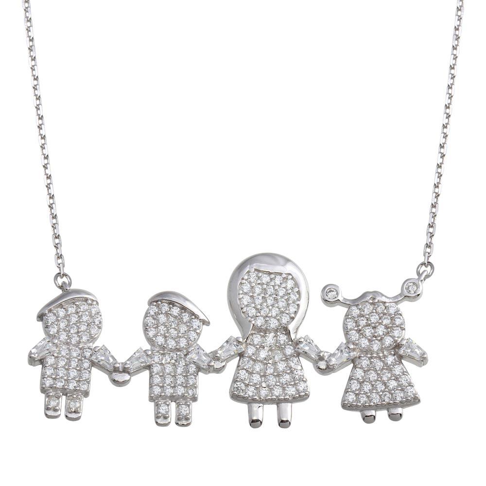 Silver 925 Rhodium Plated CZ 2 Boys 1 Girl and Mom Family Necklace - GMN00157 | Silver Palace Inc.