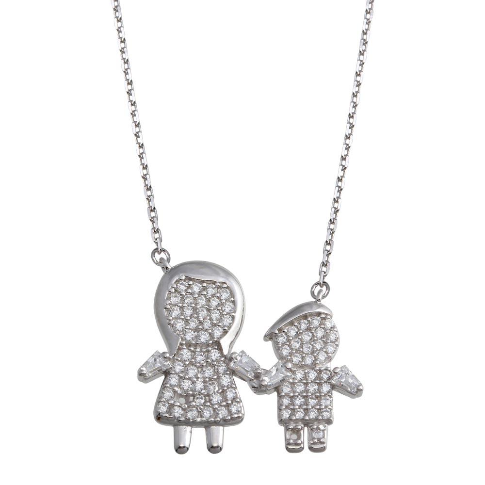 Silver 925 Rhodium Plated CZ Boys and Mom Family Necklace - GMN00158 | Silver Palace Inc.