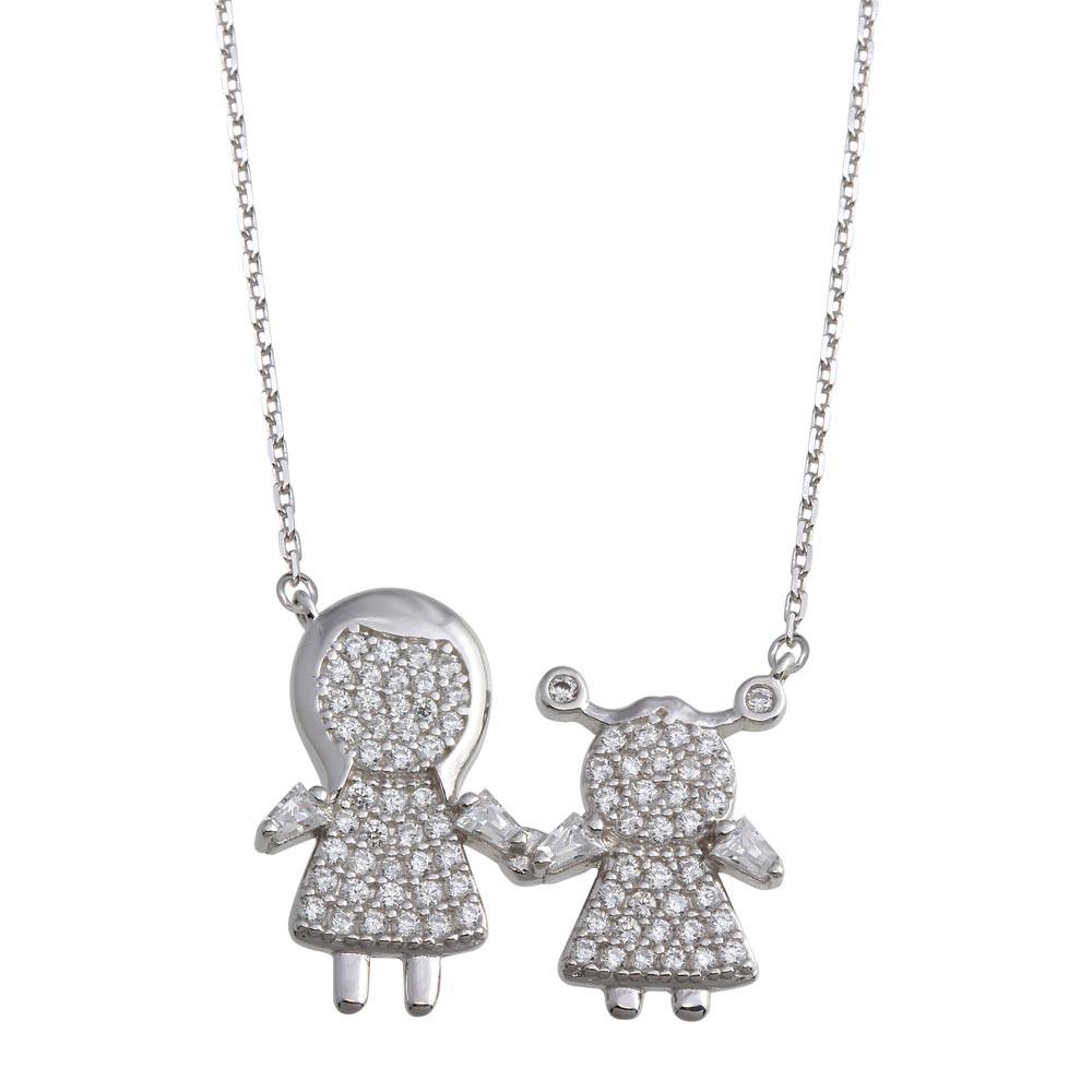 Silver 925 Rhodium Plated CZ Girl and Mom Family Necklace - GMN00159 | Silver Palace Inc.