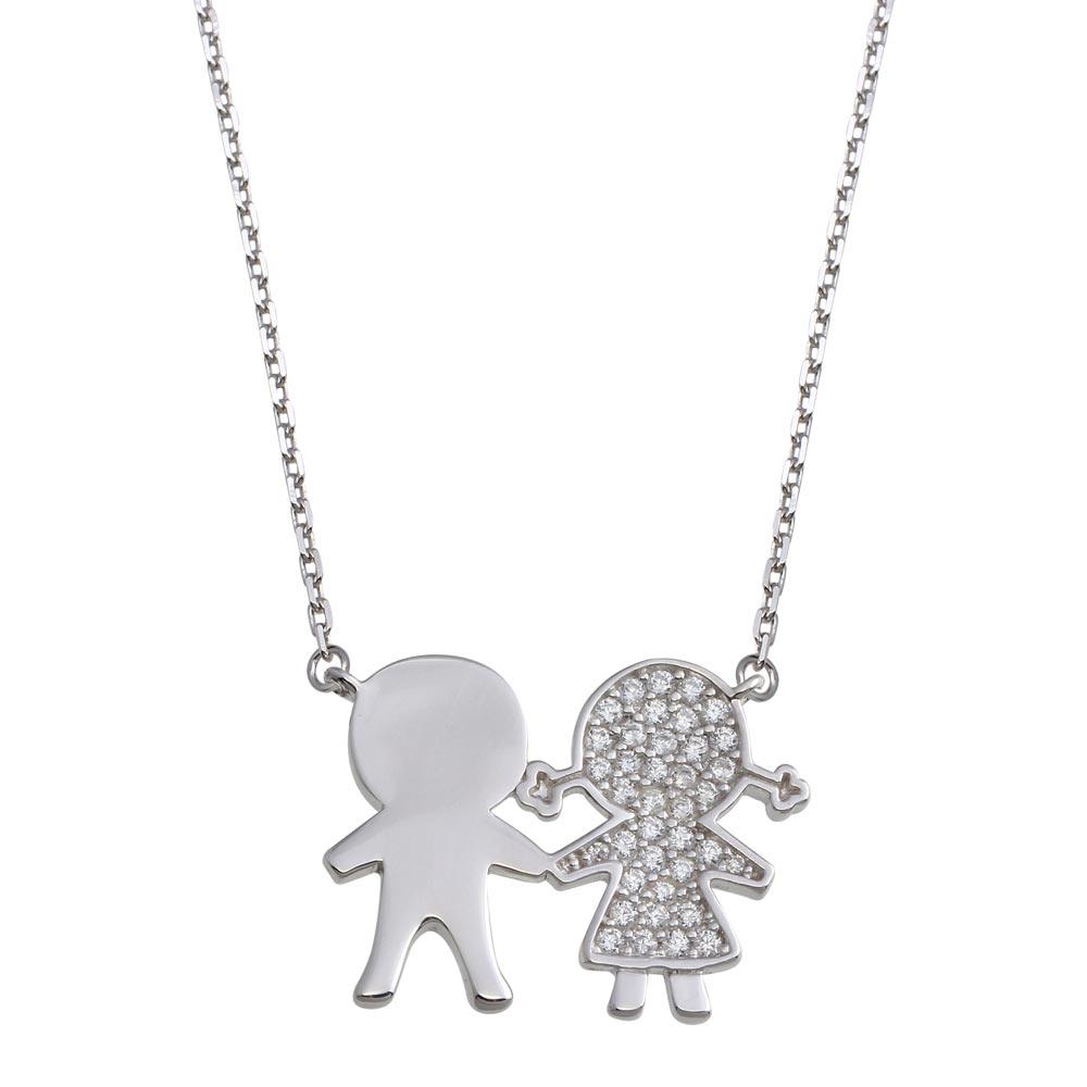 Silver 925 Rhodium Plated CZ Girl and Boy Family Necklace - GMN00160 | Silver Palace Inc.