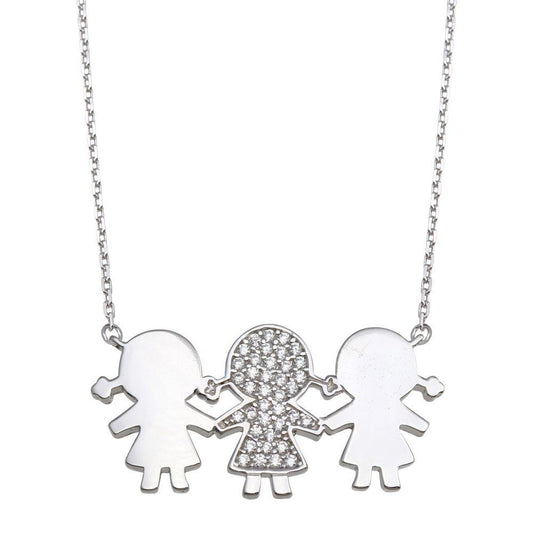 Silver 925 Rhodium Plated CZ 3 Girls Family Necklace - GMN00165 | Silver Palace Inc.