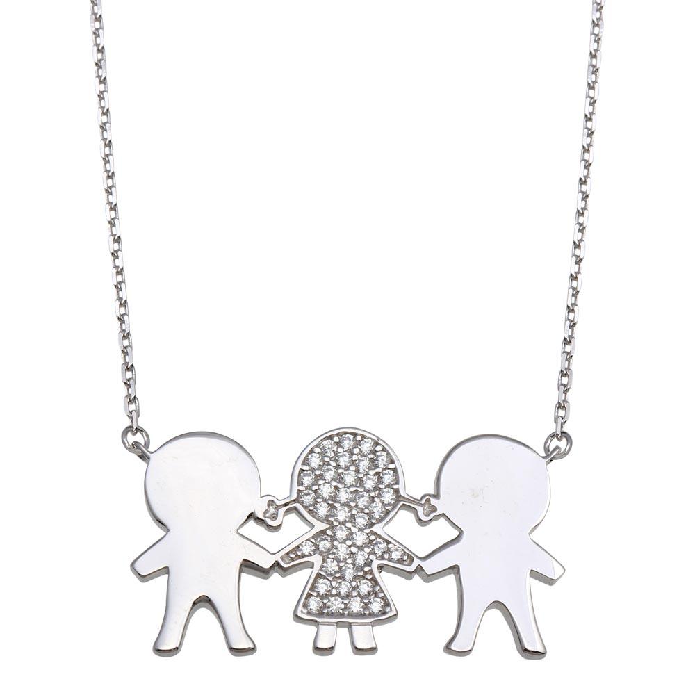 Silver 925 Rhodium Plated CZ 1 Girl  and  Boys Family Necklace - GMN00166 | Silver Palace Inc.