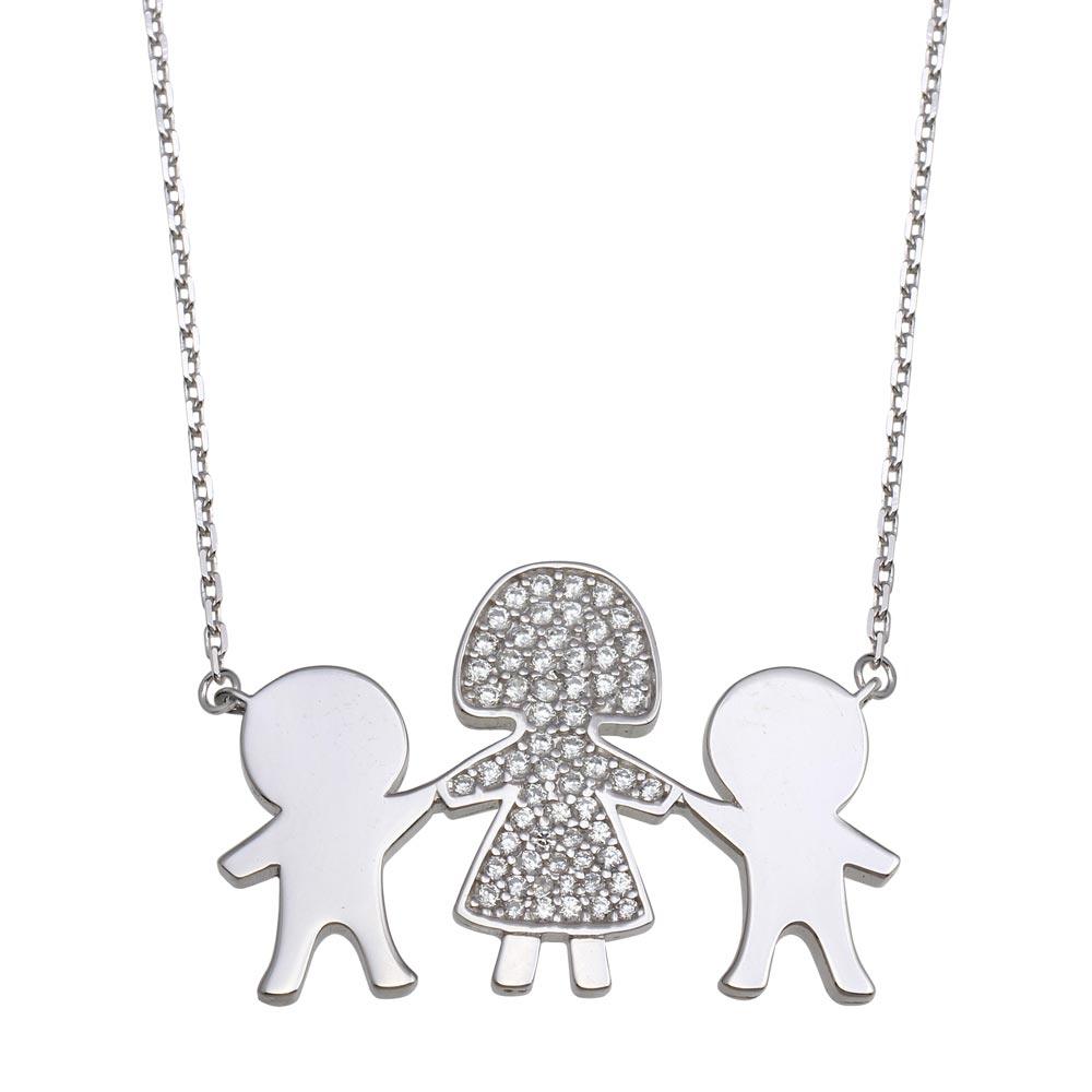 Silver 925 Rhodium Plated CZ 2 Boys  and Mom Family Necklace - GMN00167 | Silver Palace Inc.