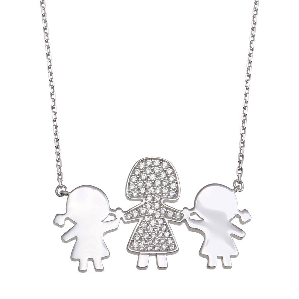 Silver 925 Rhodium Plated CZ 2 Girls  and Mom Family Necklace - GMN00168 | Silver Palace Inc.