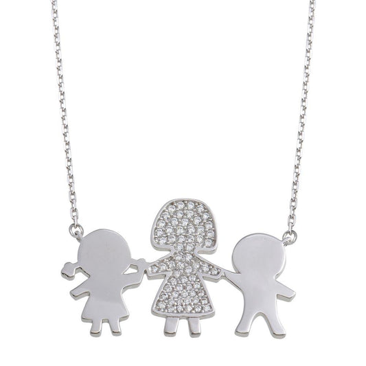 Silver 925 Rhodium Plated CZ Boy, Girl and Mom Family Necklace - GMN00169 | Silver Palace Inc.